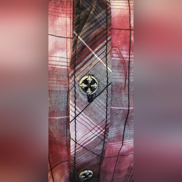 Affliction Button Down Shirt Womens Large Red Wine Black Long Sleeves - Picture 5 of 13